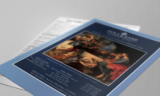 A blue piece of paper showing the bulletin at Holy Name Catholic Church